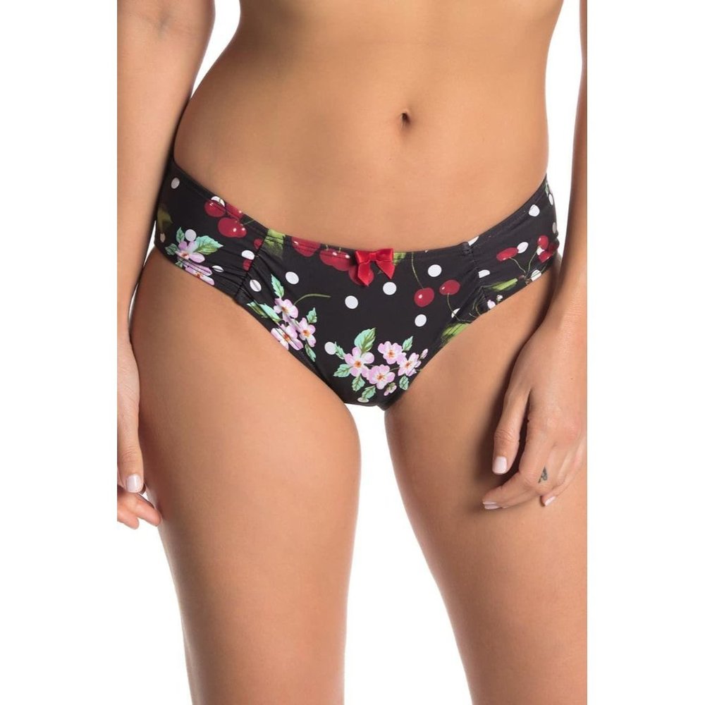 Betsey Johnson Black Floral & Polka Dot Bikini Bottoms
